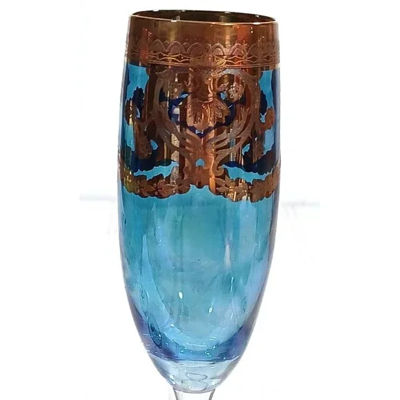 GlassOfVenice Murano Glass Champagne Flutes 24K Gold Leaf - Blue Set 4 Vintage - Picture 15 of 16